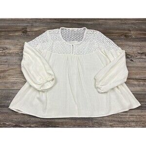 UMGEE Blouse Ivory Linen Blend Crochet Accents Keyhole Neck Plus Size 1XL